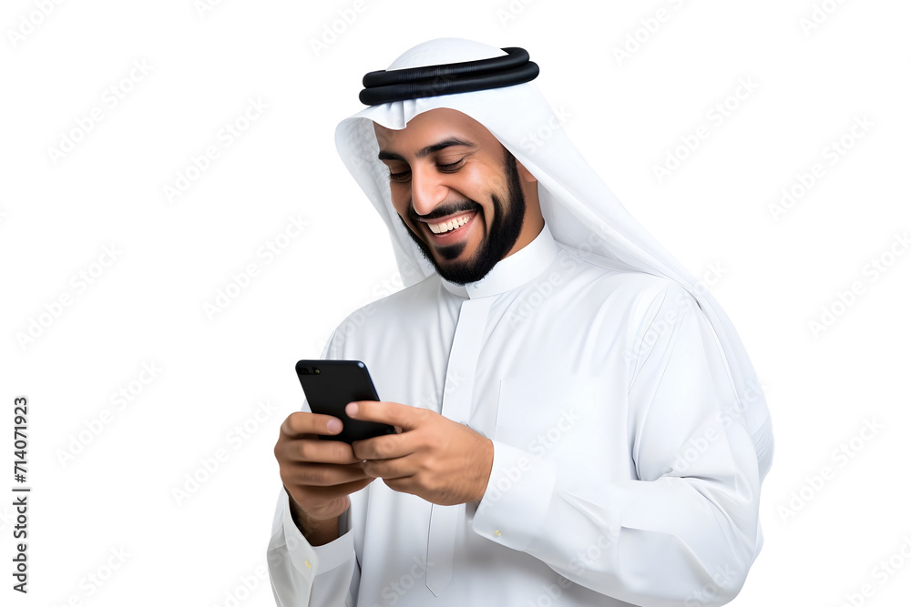 arabian man browsing on mobile phone isolated on transparent background arabian man browsing on mobile phone isolated on transparent background