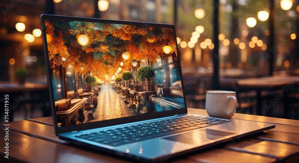 A cozy night in, surrounded by the warm glow of candlelight, with my trusty laptop by my side and a cup of coffee to keep me company as i work on the bustling city streets