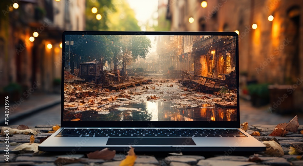 A digital window into the bustling city streets, captured through the lens of a laptop screen