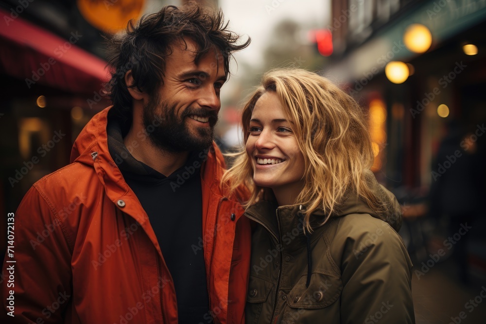 Amidst the bustling city streets, a man and woman radiate joy and warmth as they stand together, their faces adorned with genuine smiles and stylish jackets