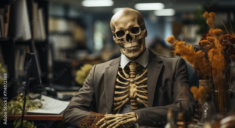A well-dressed man with glasses sits at his desk, his sharp suit contrasting against the skeleton beneath, a symbol of the duality of life and death