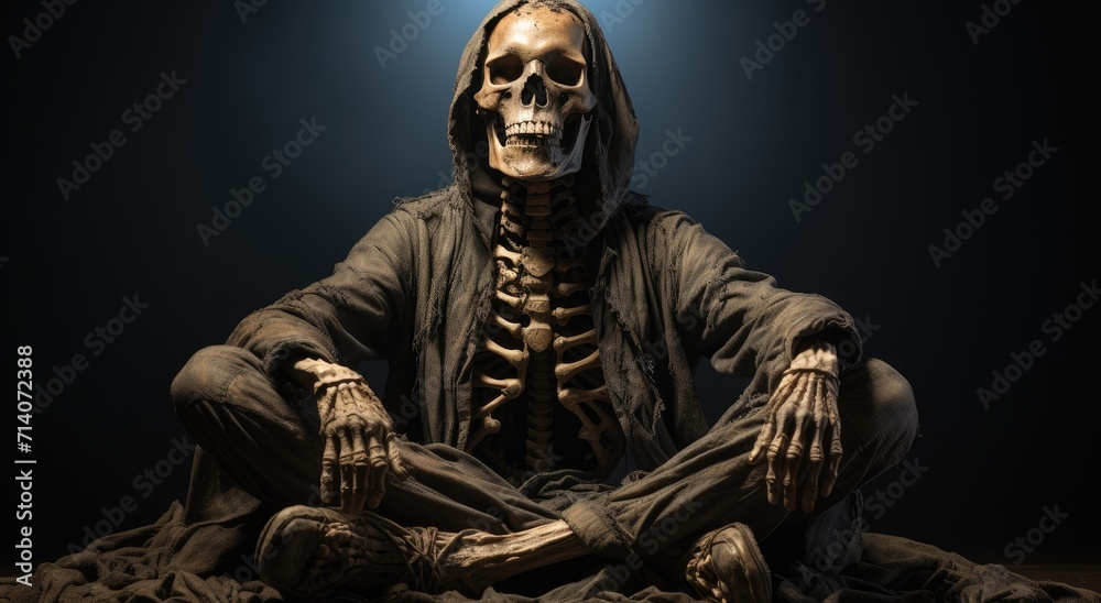 A serene skeleton contemplates the human form as it sits in a yoga pose, its face frozen in peaceful contemplation, embodying the perfect balance between life and death in this haunting sculpture