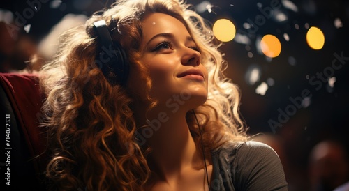 A stylish woman with long, layered hair listens to music through her headphones, lost in the rhythm and melody of her own world