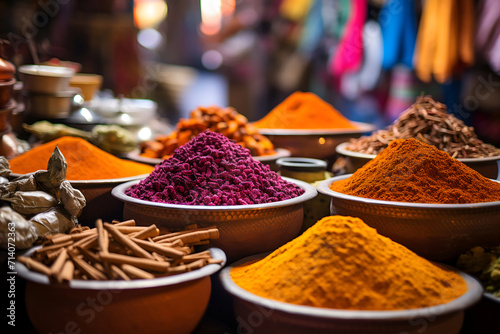 Variety of spices in bowls at a market in India. Selective focus.