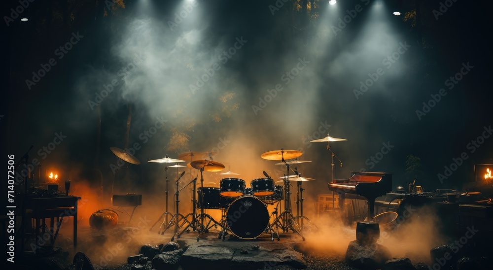 A mesmerizing display of rhythm and energy, the drummer's sticks strike against the cymbals, enveloped in a sea of fog and lights, as the band rocks the night away on stage at the music venue