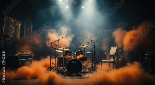An explosive performance awaits as a solitary drummer sits upon a throne of smoke, ready to rock the music venue with their skilled use of cymbals and drums photo