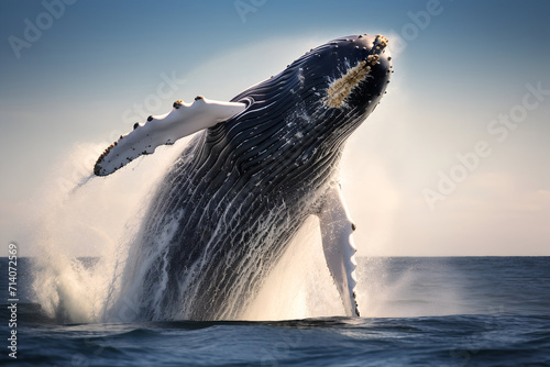 Humpback whale splashing out of the water in the ocean