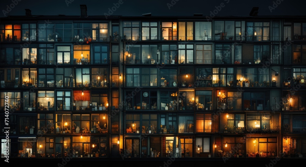 A glowing apartment building stands tall in the night, its many windows like beacons of light in the bustling cityscape