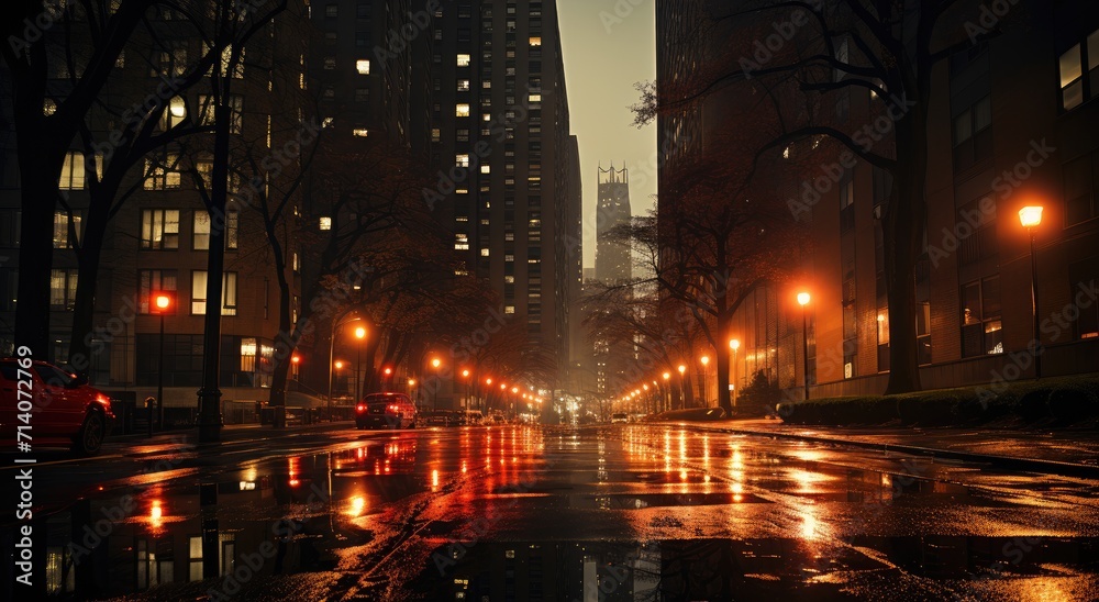 The bustling metropolis is illuminated by the vibrant city lights and reflected on the wet streets, creating a stunning contrast between the dark winter sky and towering skyscrapers