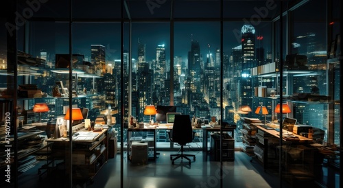 Amidst the bustling city  a lone skyscraper stands tall  its illuminated windows framing a breathtaking cityscape  as the night sky casts a warm glow upon the stylishly furnished room