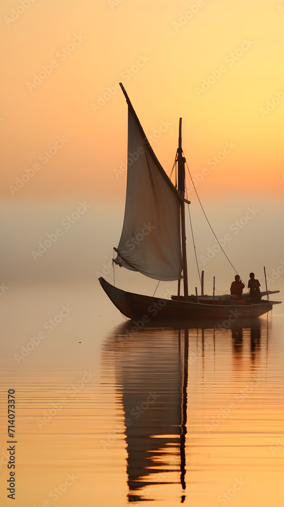 Anchored Dhow Boat Amidst Foggy Morning - A Symbol of Ancient Maritime Tradition
