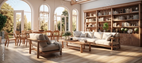Cozy and modern, this indoor living room boasts a bookcase filled with literary treasures and a stylish studio couch perfect for lounging and reading by the window