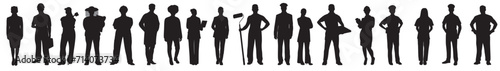 Group of diverse people occupations or jobs standing in a row vector black silhouettes set collection. People crowd standing various professions silhouettes.