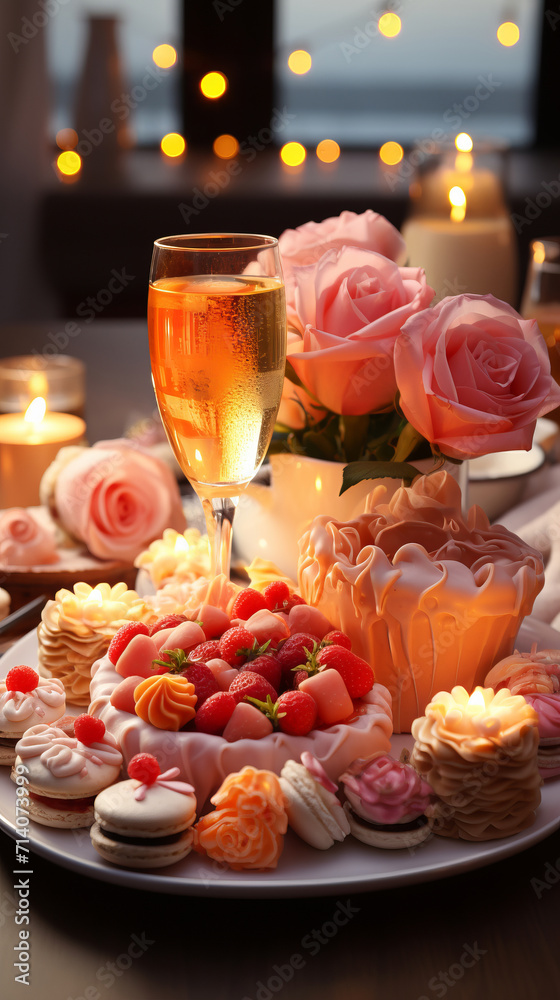 Table served with desserts for romantic dinner. Valentine's day and love concept.