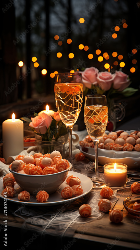 Table decorated for romantic dinner. Valentine's day and love concept.