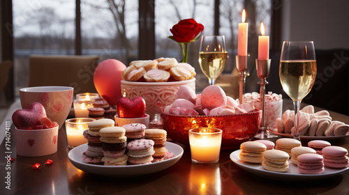 Table setting decorated with sweets and candles for romantic dinner. Valentine's day and love concept.