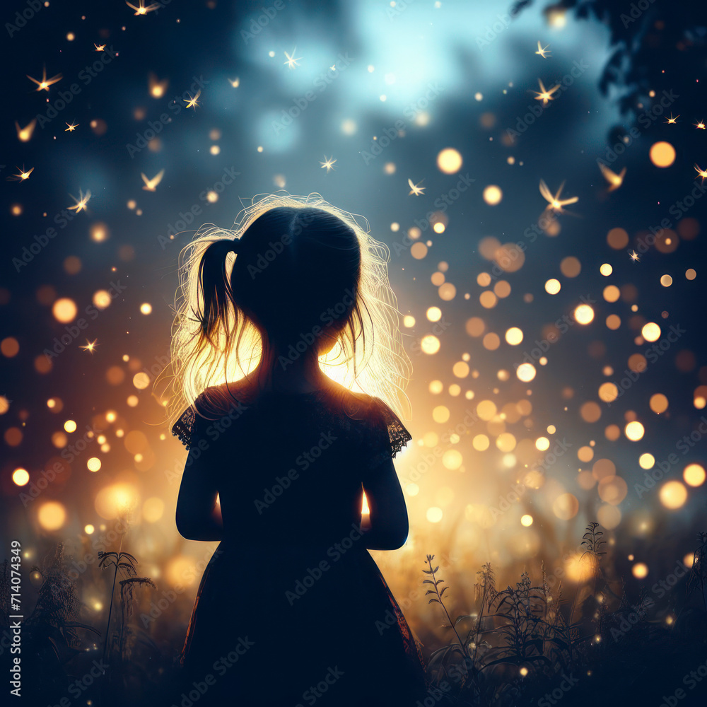 silhouette of a little girl facing away, surrounded by the soft glow of fireflies. ai generative silhouette of a little girl facing away, surrounded by the soft glow of fireflies. ai generative