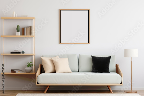 Cozy home interior with a couch near a window and a mockup frame © Nina
