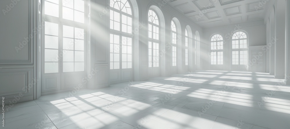 an empty white room with windows and a light reflection