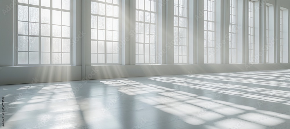 an empty white room with windows and a light reflection an empty white room with windows and a light reflection