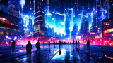 Futuristic cityscape with a person connecting in the digital space. Technology, connectivity, and modern urban life concept.