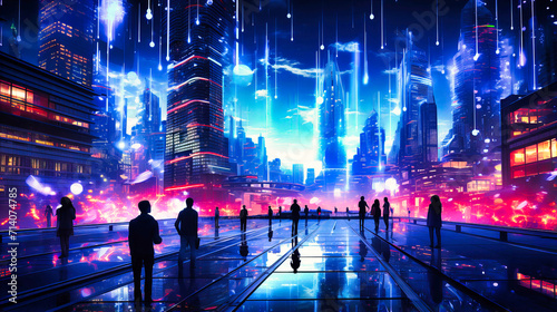 Futuristic cityscape with a person connecting in the digital space. Technology, connectivity, and modern urban life concept. photo
