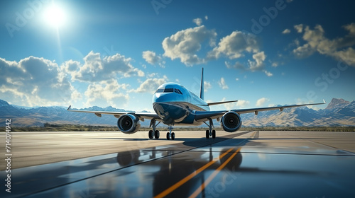 Aerial view of aircraft departing the airport runway.