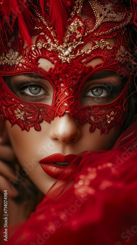 A beautiful young woman wearing a mysterious red Venetian mask showing only part of her face. Woman wearing a mask and red makeup for a costume party.