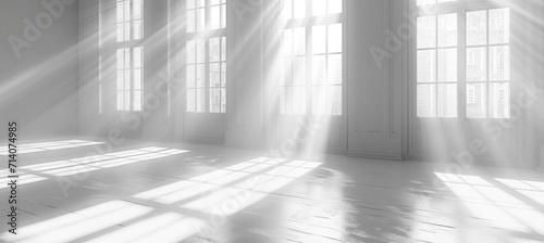an empty white room with three windows that are brightly lit