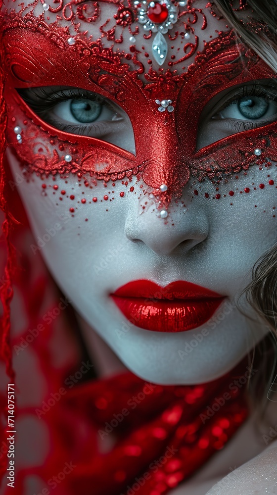 Φωτογραφία A beautiful young woman wearing a mysterious red Venetian mask showing only part of her face