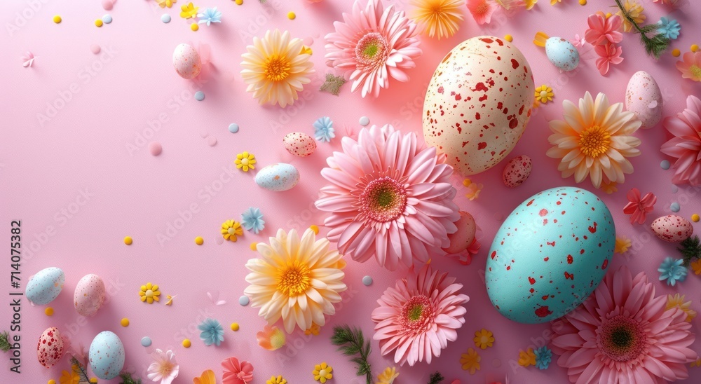 colorful easter decorations on a pink background
