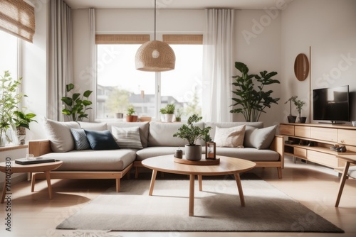 scandinavian interior home design of modern living room with sofa and wooden table with wooden furniture near the window
