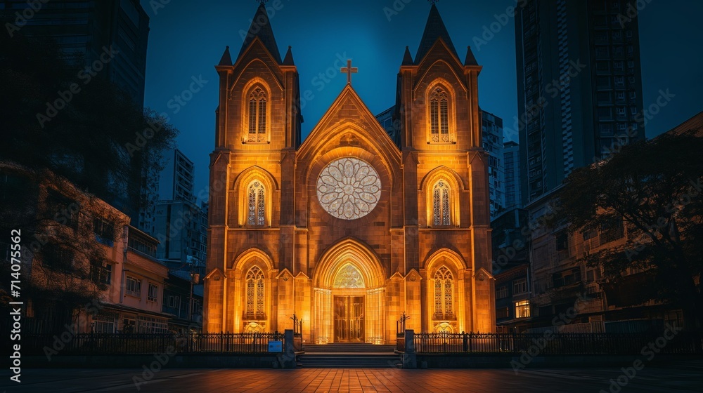 The facade of a Catholic church in an urban environment, a temple in the evening, illuminated by lanterns