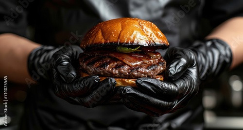 grilled hamburger in a black disposable glove