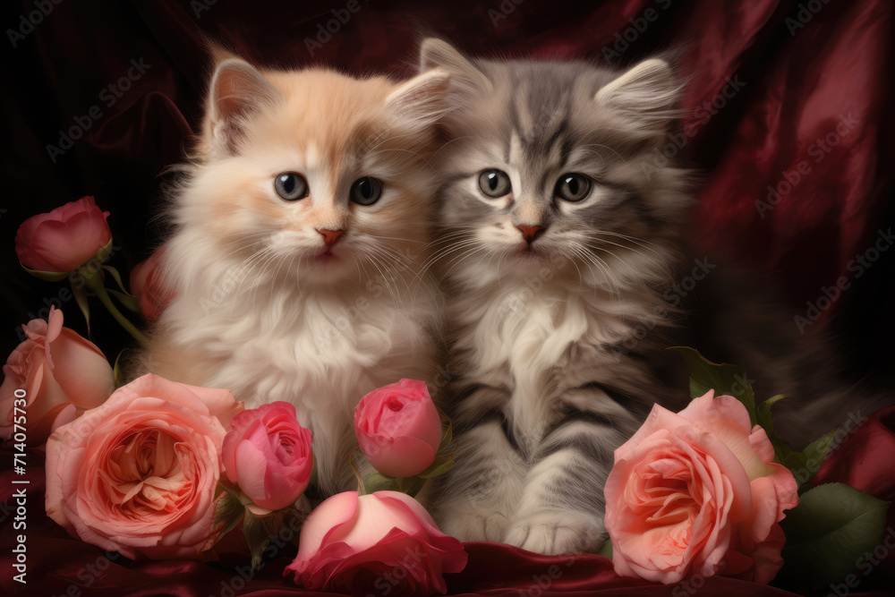 Grey, Tan, and Orange Kittens Surrounded by Pink Roses, Generative AI
