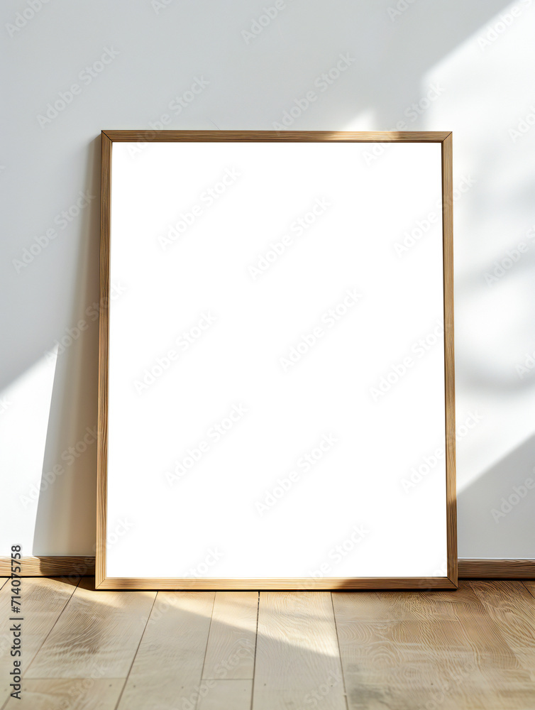 Transparent frame mockup. A large empty frame leaning against a white wall. Transparent frame mockup. A large empty frame leaning against a white wall.