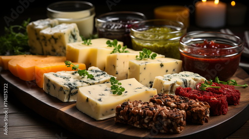 various types of cheese in wooden box on white wooden table, top view