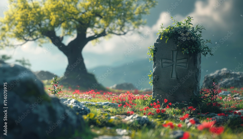 a gravestone beside a tree with the words rip a gravestone beside a tree with the words rip