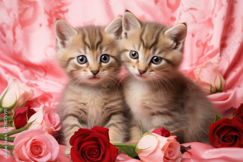 Obraz na płótnie Two Fluffy Orange Tan Kittens Surrounded by Roses, Generative AI w salonie