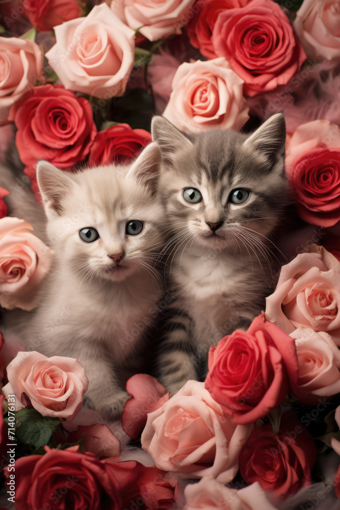 Two Fluffy Grey Cute Kittens Surrounded by Roses, Generative AI
