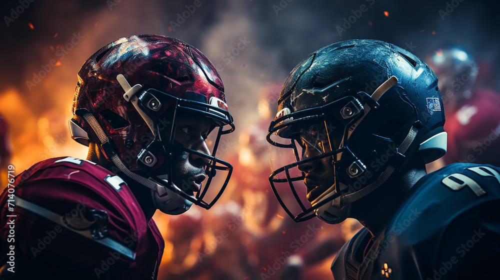 Pro Football Championship Showdown: Teams Primed with Elite Athletes, Intense Confrontations Await. Expect a Fierce Display of Strength and Endurance in a Stadium Bathed in Striking Lighting