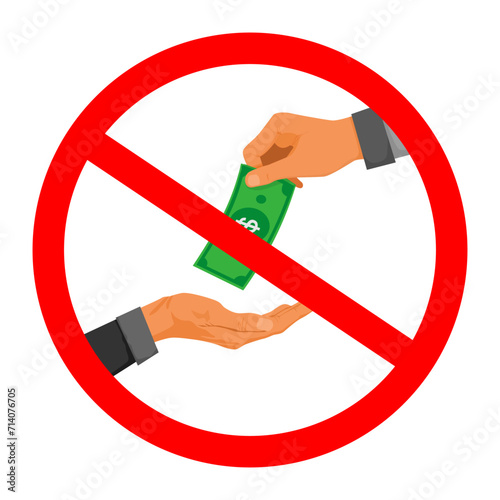 no bribe sign, icon illustration isolated on white background. Stop corruption, anti bribery concept.  International Anti-Corruption Day. No Bribing Sign on White Background.