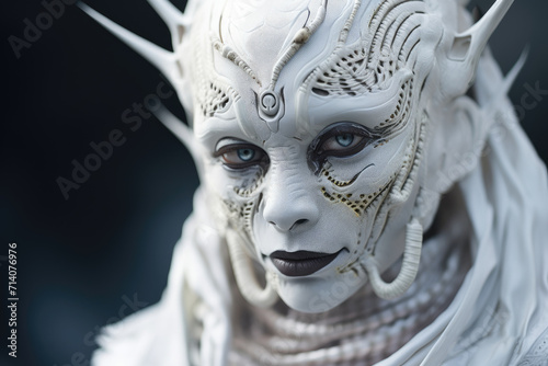 Alien in white and futuristic clothing, front view, black background. Generative ai