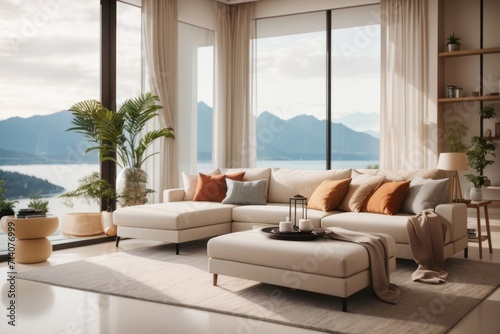 Interior home design of modern living room with beige corner sofa of a lakeside house, with views of the lake and mountain