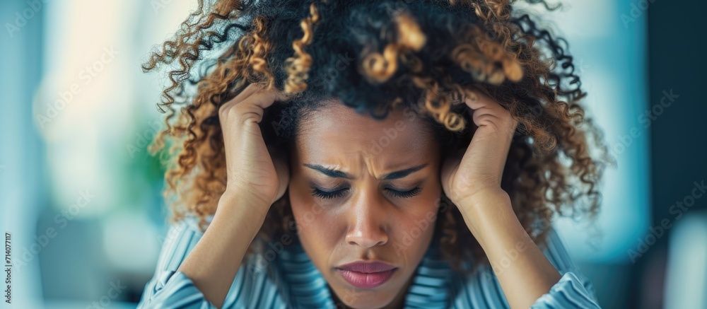 Fototapeta premium Stressed female business professional with curly hair overwhelmed at work.