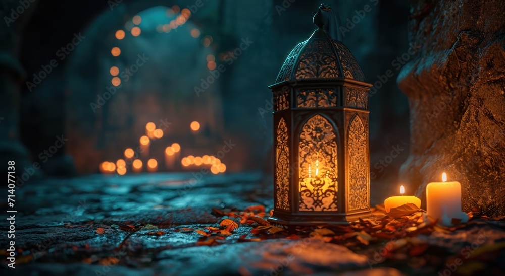 an islamic lantern sitting in a dark, dry, dark room with candles shining on it - obrazy, fototapety, plakaty 