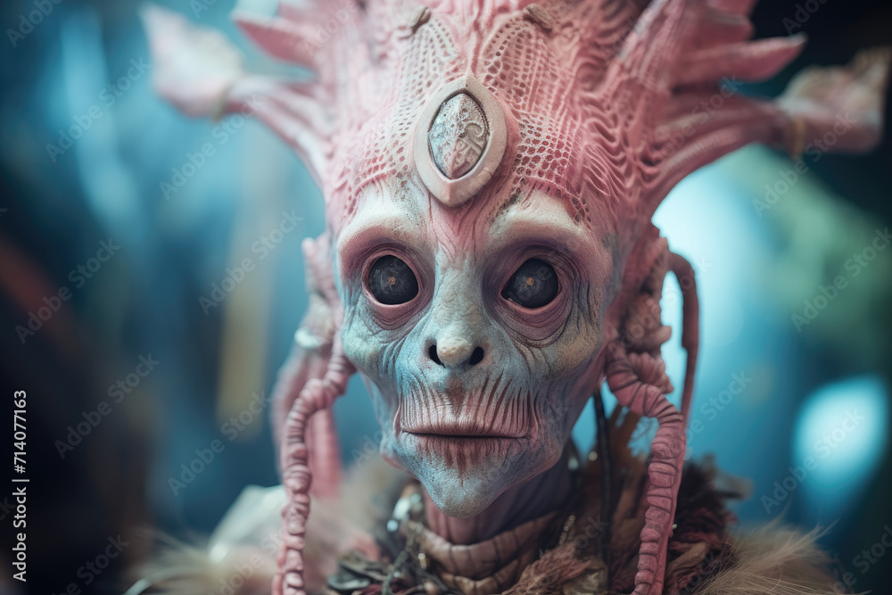 Alien with non-human biological creature concept, surreal view pink blue color. Generative ai