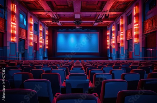 an empty theater with a screen and chairs