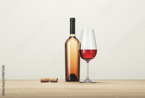 a glass with red wine and a bottle against white background,