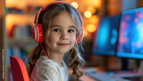 a cute little girl on a red computer at home using headphones